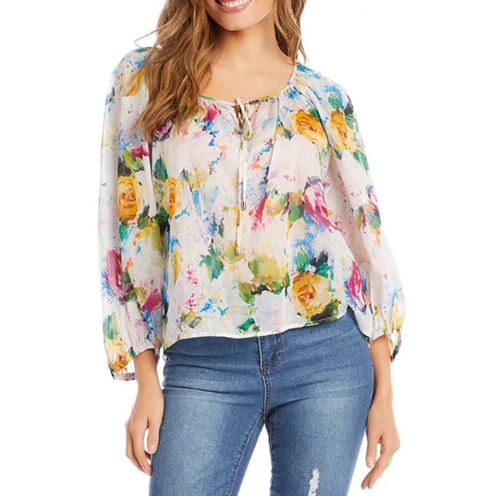 Karen Kane Women's White Floral Print Peasant Top Size M